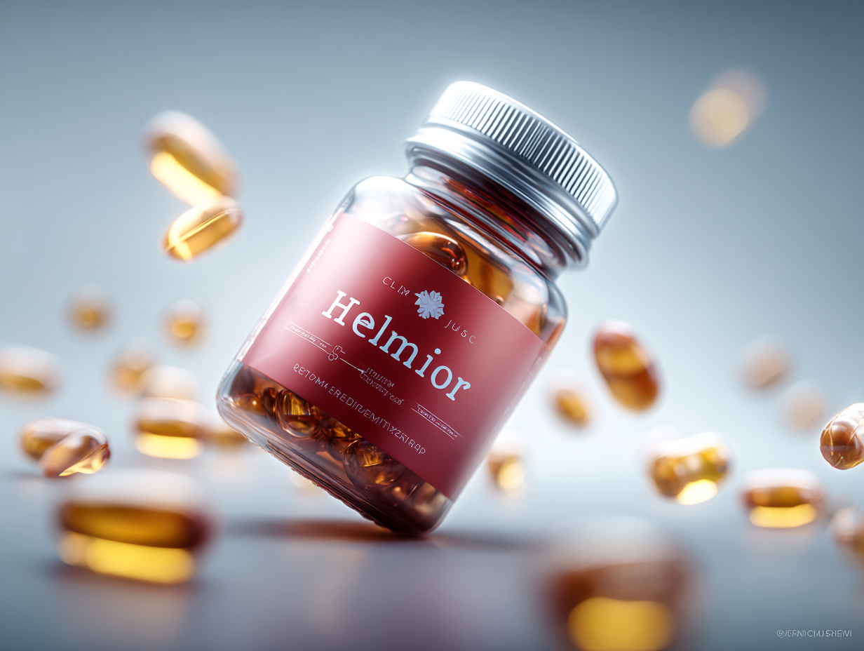 Helmior termék csomagolása természetes háttéren, kék és fehér színekben, modern design, természetes összetevők jelölésével